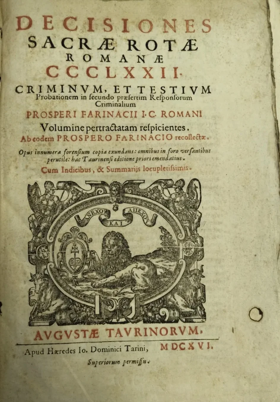 Farinacci, Prospero — Decisiones Sacrae Rotae Romanae CCCLXXII — Turin 1616, Early Edition