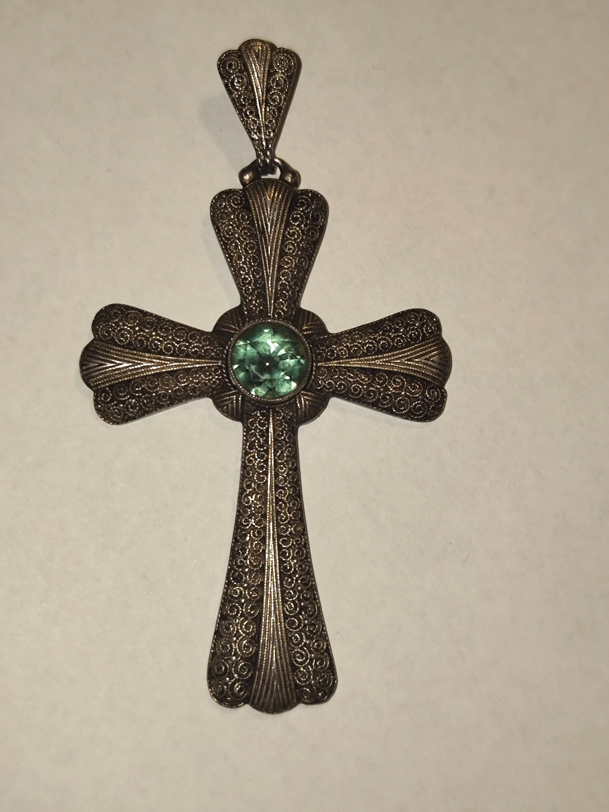 Large Portuguese Filigree Cross Pendant in Sterling Silver with Natural Blue Zircon, c. 1880–1920