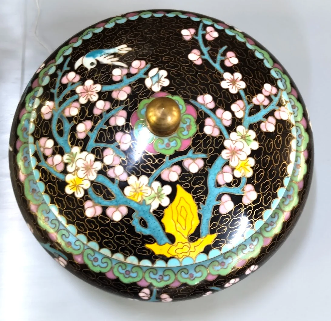 Chinese Cloisonné Covered Box with Magpie & Plum Blossom — Republic / Mid-20th Century, c. 1920–1960