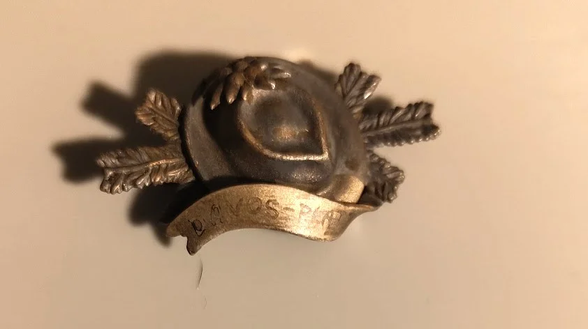 Vintage Swiss Souvenir Brooch, Davos Platz, Alpine Hat with Edelweiss and Oak Leaves