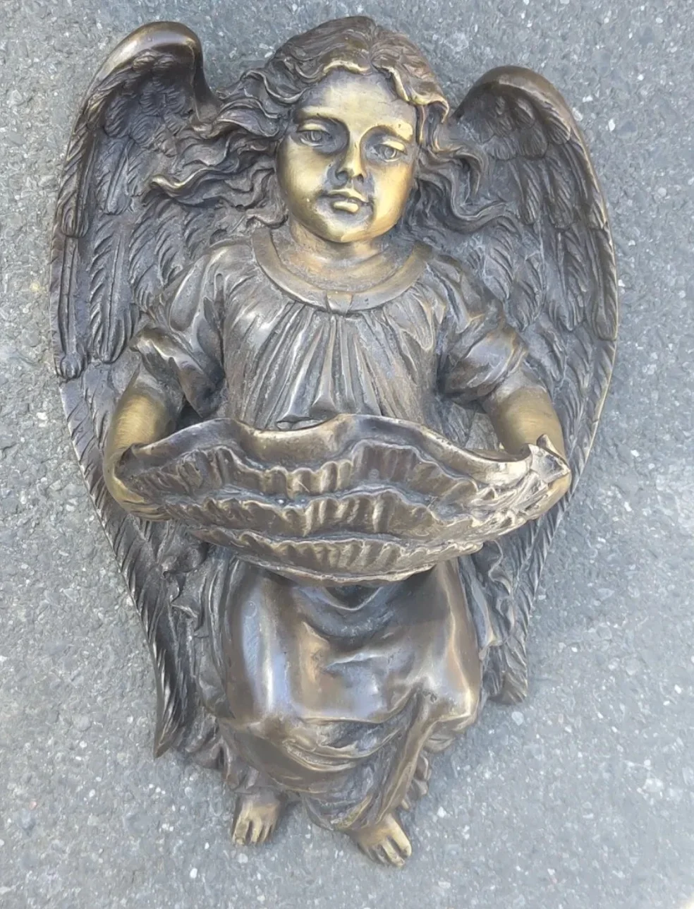 Antique Bronze Wall Holy Water Font – Cherub Angel with Shell Basin