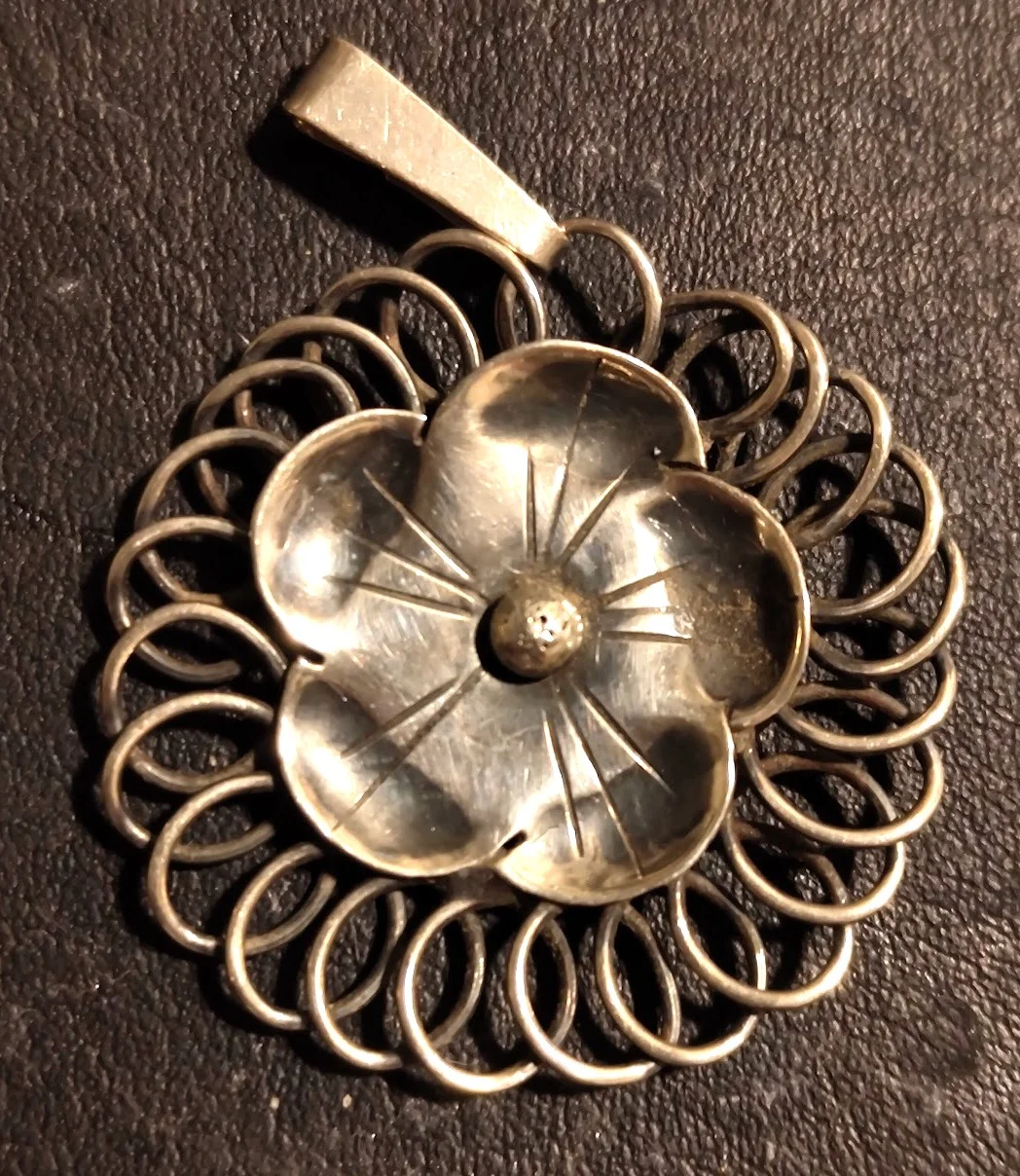 Scandinavian 830S Silver Flower Pendant with Wire Scroll Border